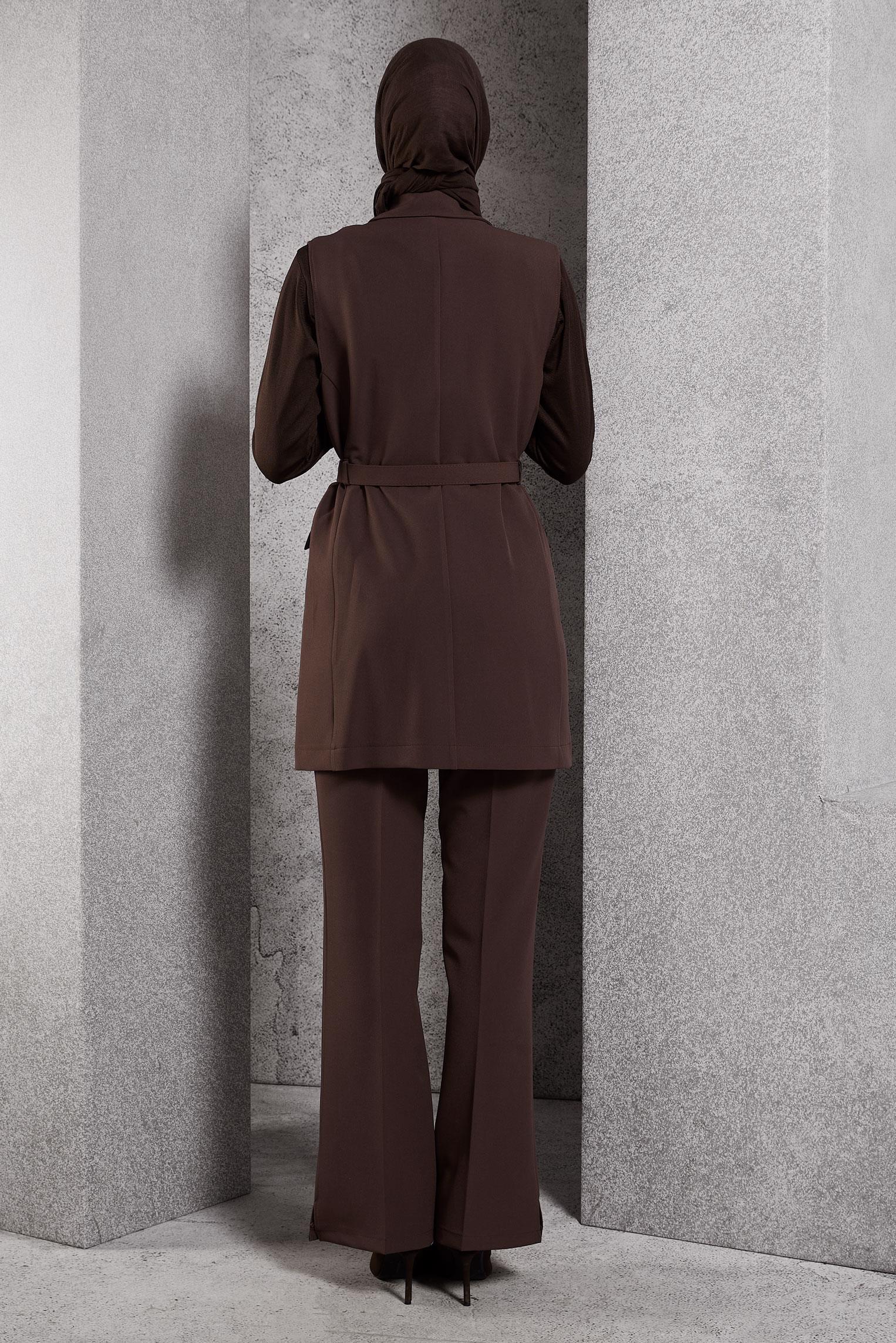 Tesettür giyim KAHVE KEMERLİ PANTOLONLU TAKIM 45233