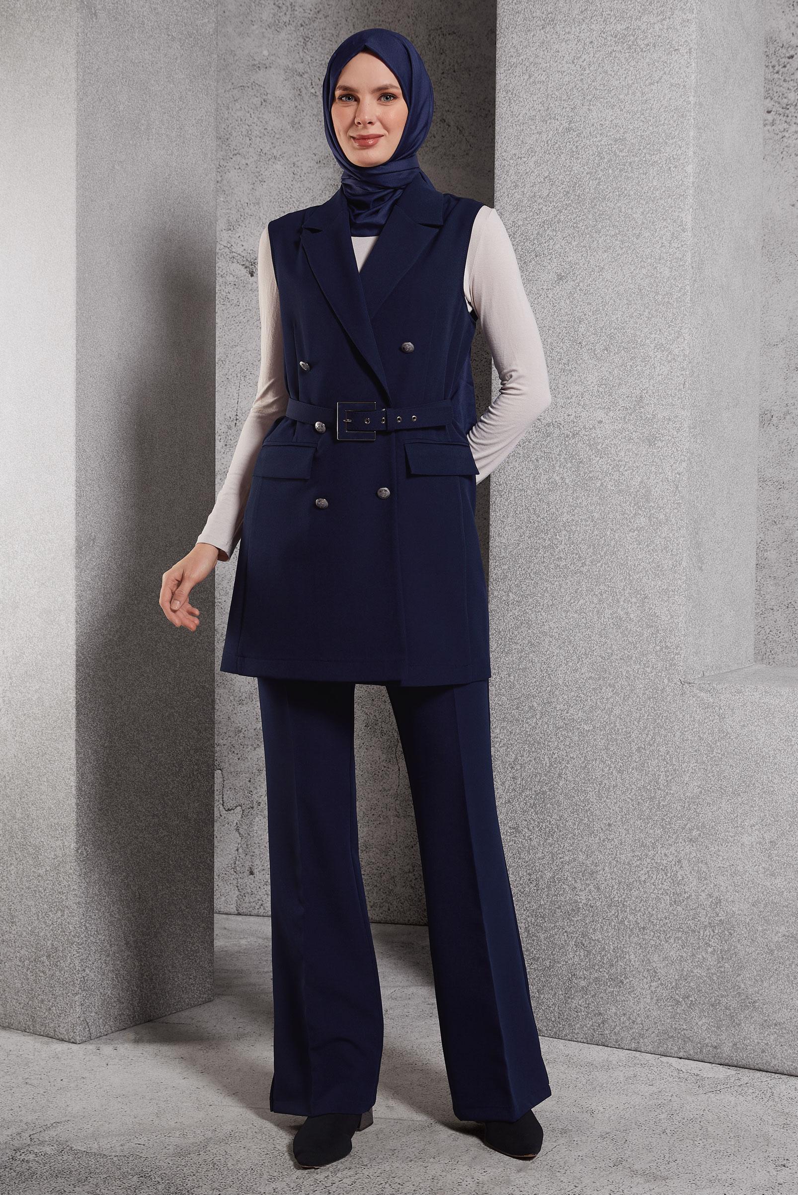 Tesettür giyim LACİVERT KEMERLİ PANTOLONLU TAKIM 45233