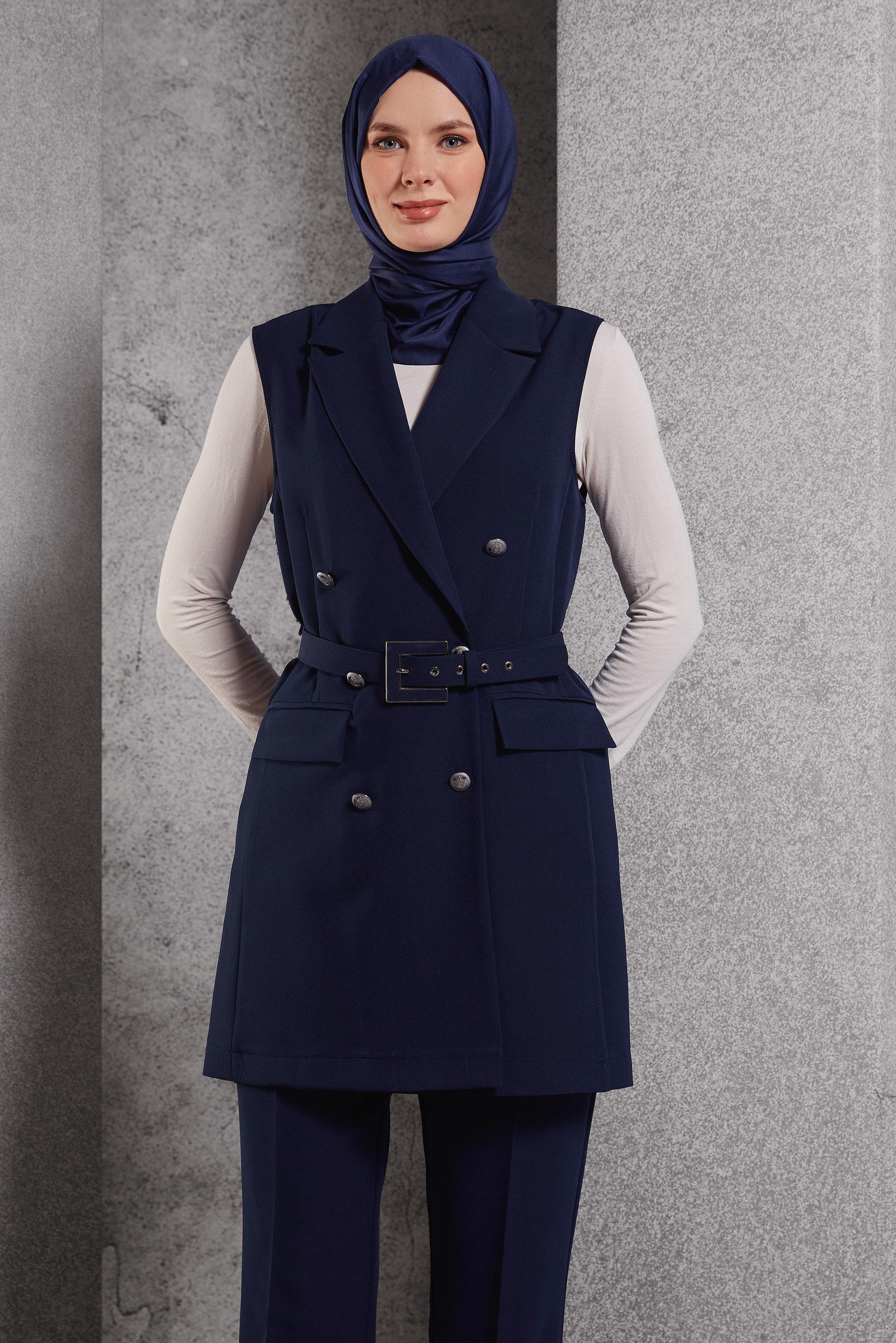 Tesettür giyim LACİVERT KEMERLİ PANTOLONLU TAKIM 45233