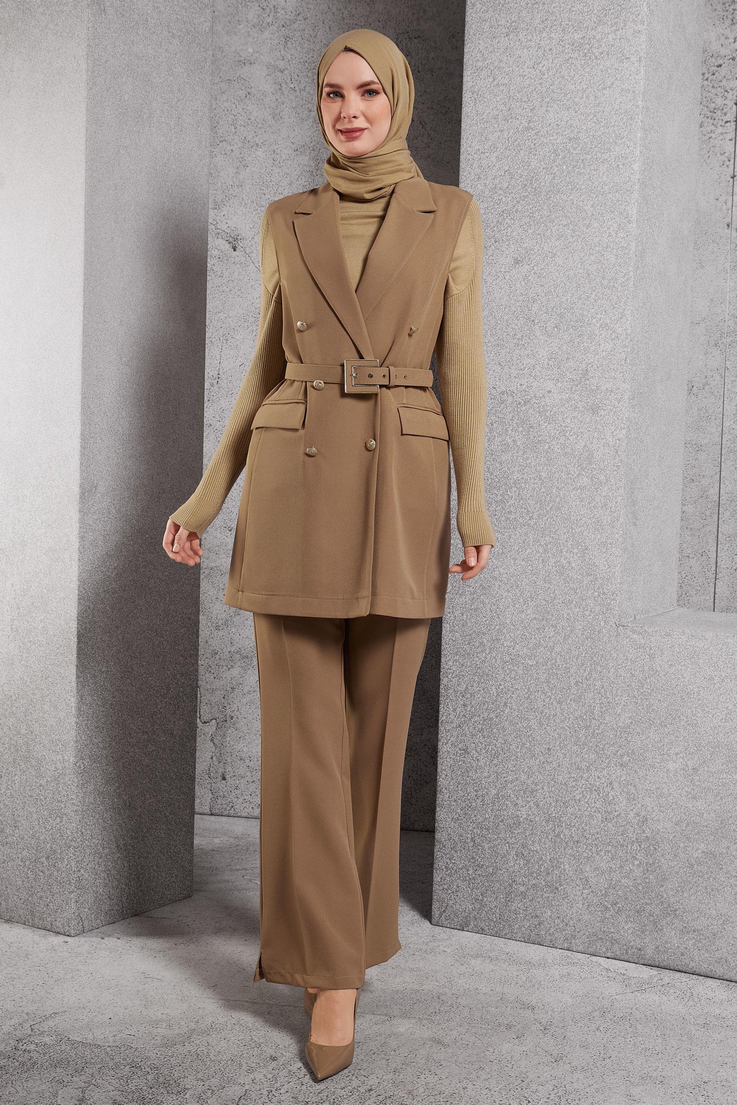 Hijab clothing BROWN BELTED PANTS SUIT 45233