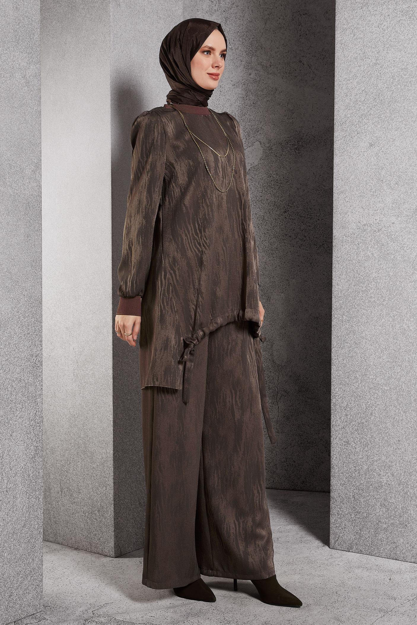 Tesettür giyim KAHVE PANTOLONLU JAKAR TAKIM 45253 