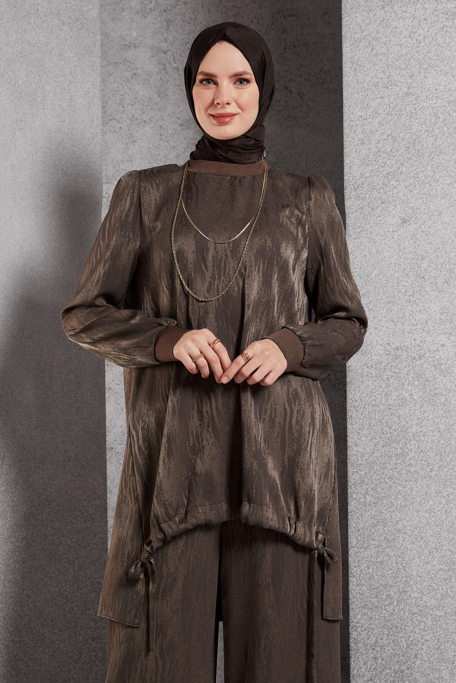 Tesettür giyim KAHVE PANTOLONLU JAKAR TAKIM 45253 