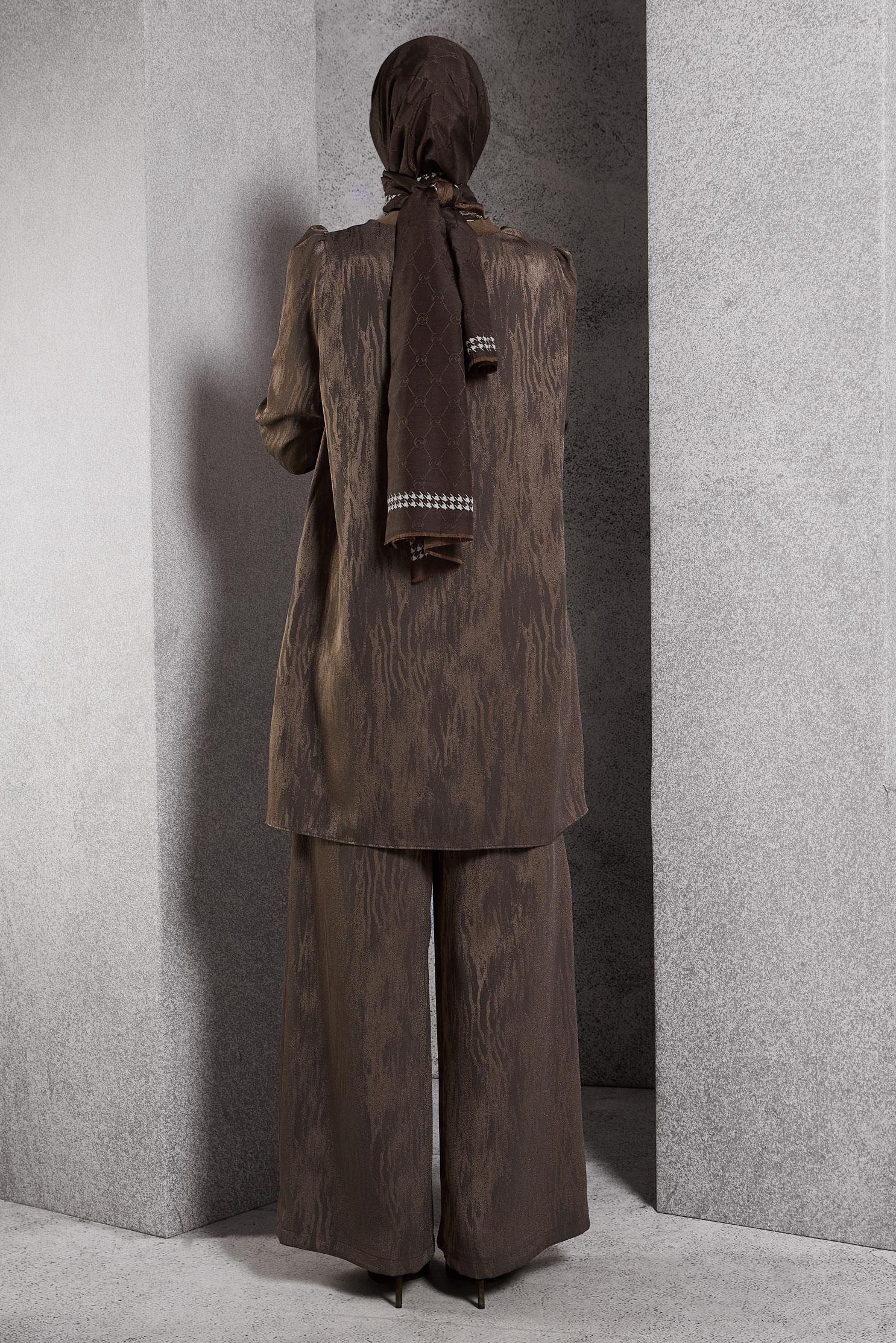 Tesettür giyim KAHVE PANTOLONLU JAKAR TAKIM 45253 