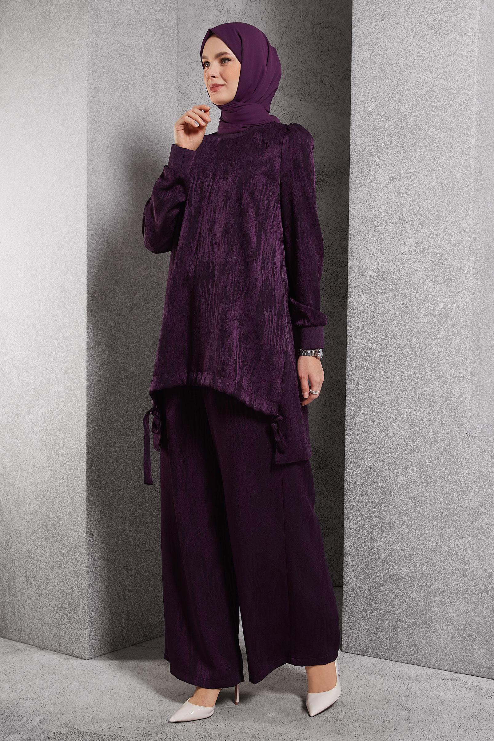 Tesettür giyim MÜRDÜM PANTOLONLU JAKAR TAKIM 45253 