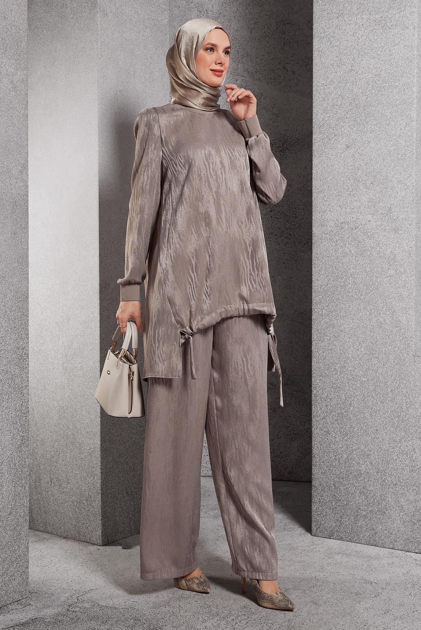 Tesettür giyim VİZON PANTOLONLU JAKAR TAKIM 45253 