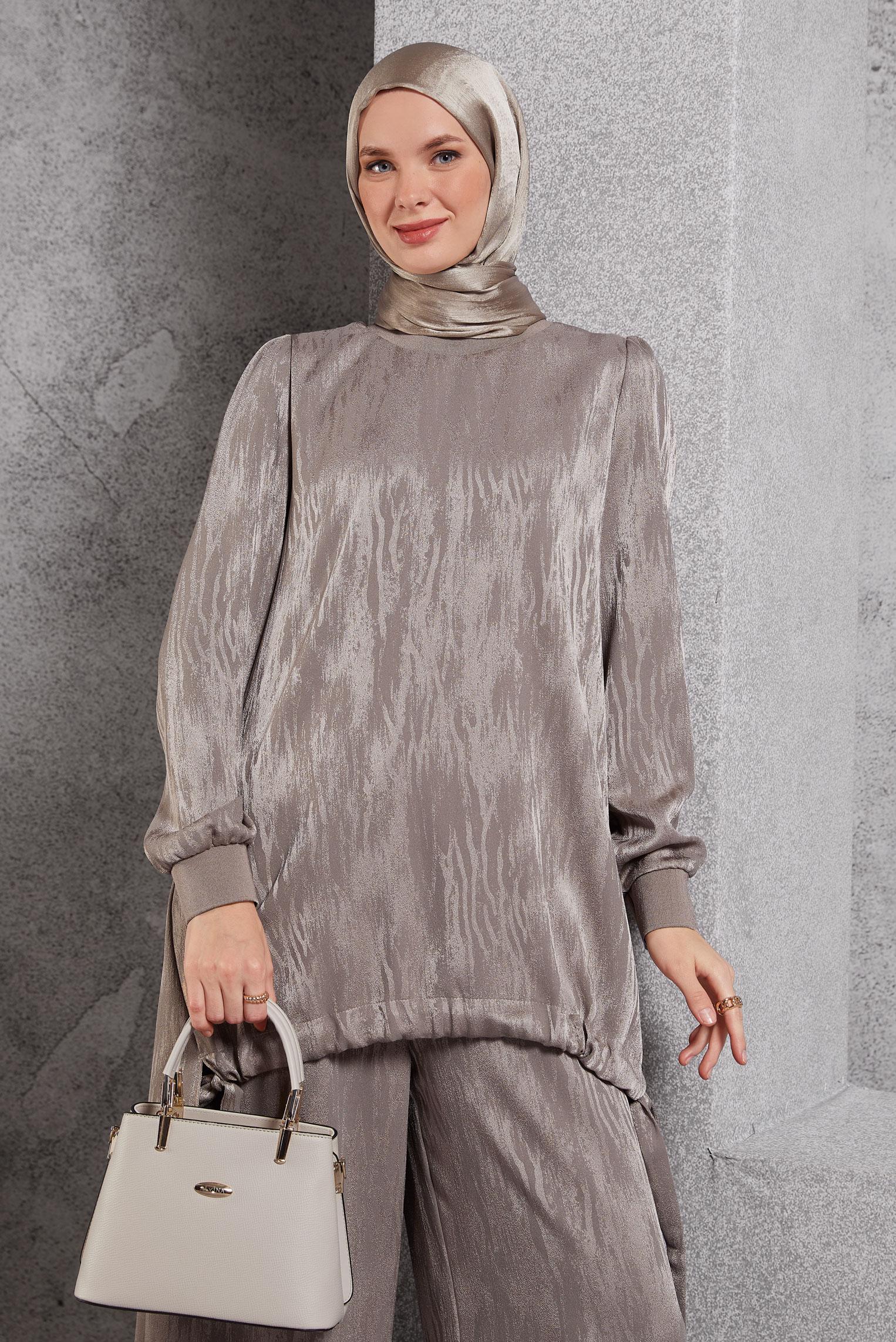 Tesettür giyim VİZON PANTOLONLU JAKAR TAKIM 45253 