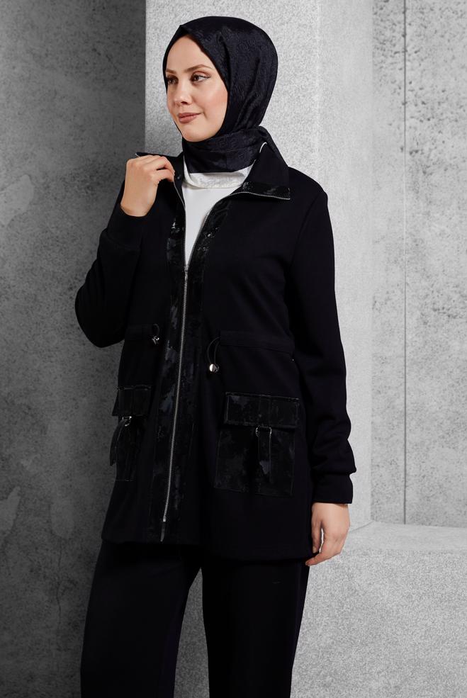 Hijab clothing BLACK ZIPPERED PANTS SUIT 45255 - ALVİNA