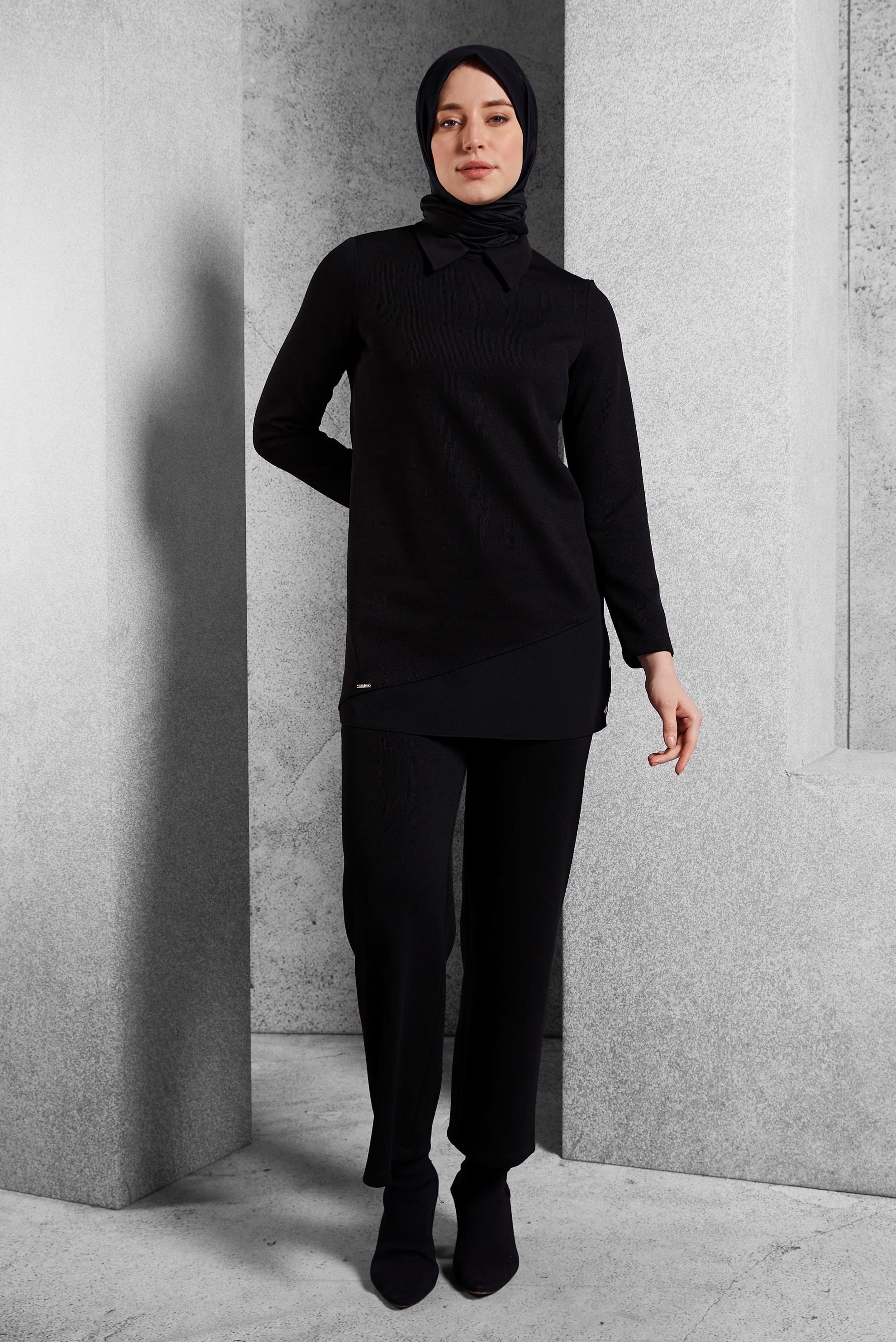Tesettür giyim SİYAH GÖMLEK YAKA PANTOLONLU TAKIM 45280