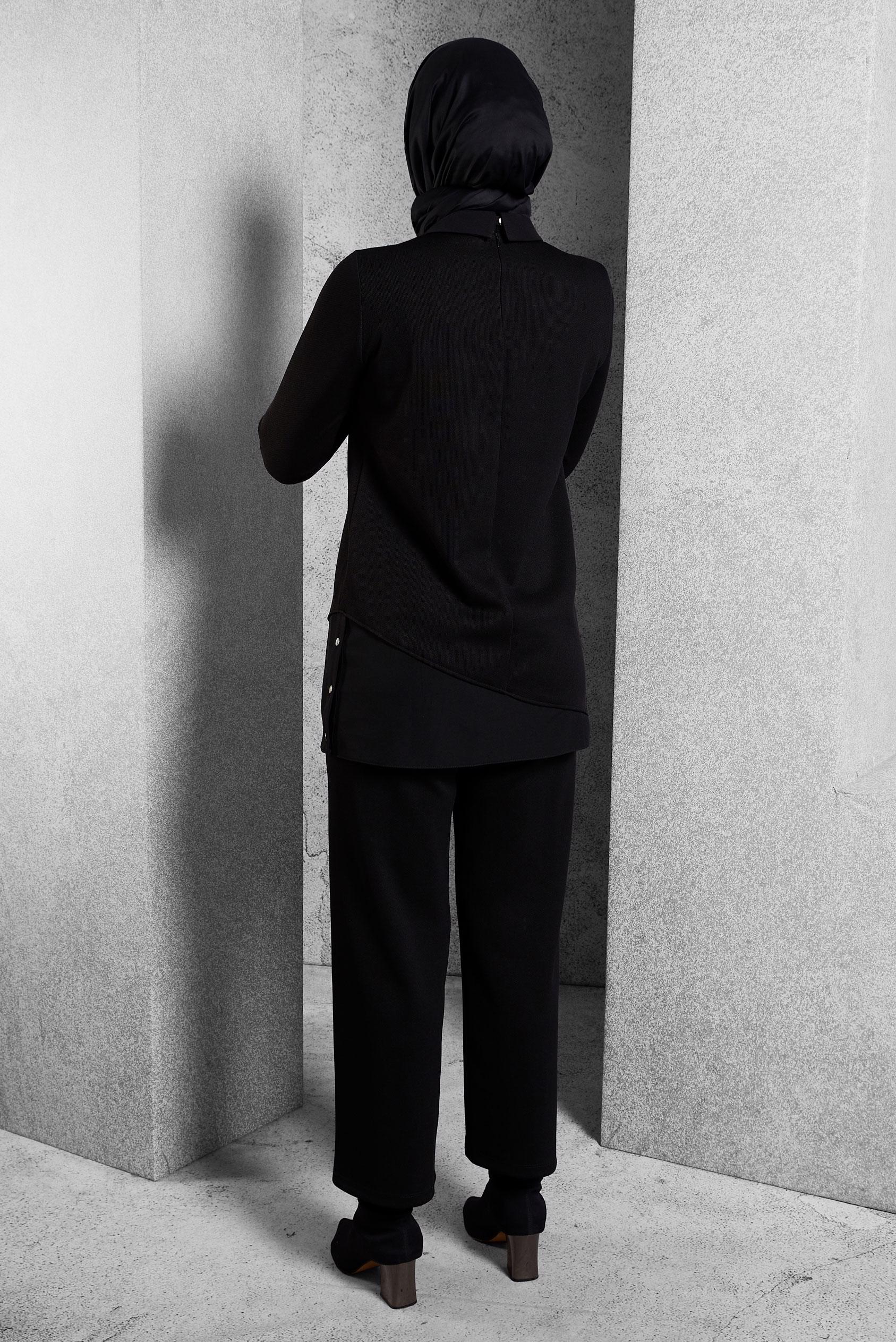 Tesettür giyim SİYAH GÖMLEK YAKA PANTOLONLU TAKIM 45280