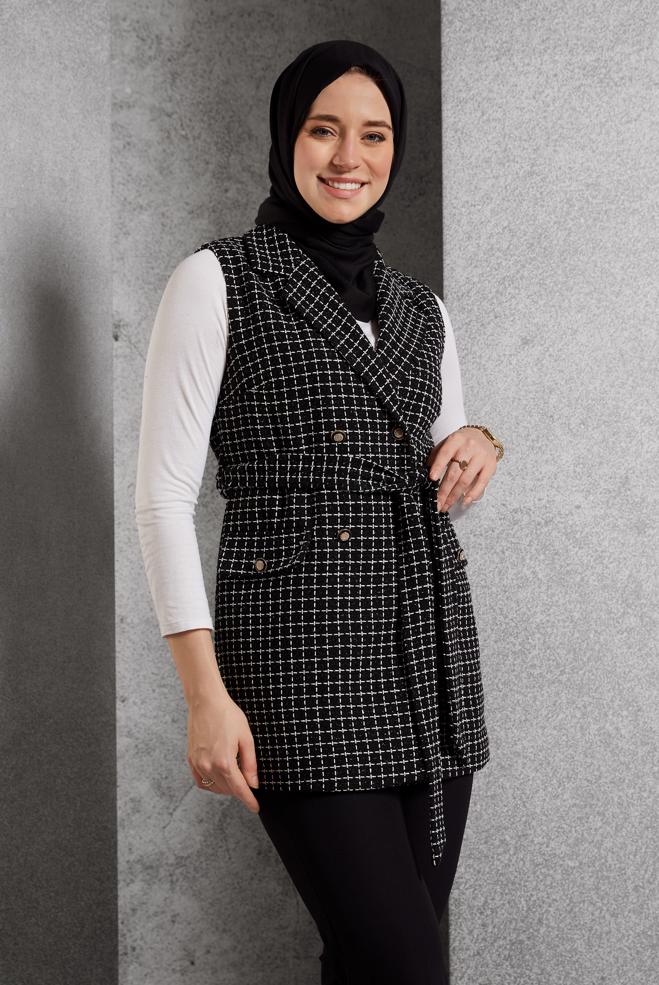 Tesettür giyim SİYAH YELEKLİ PANTOLONLU TAKIM 45297 - ALVİNA