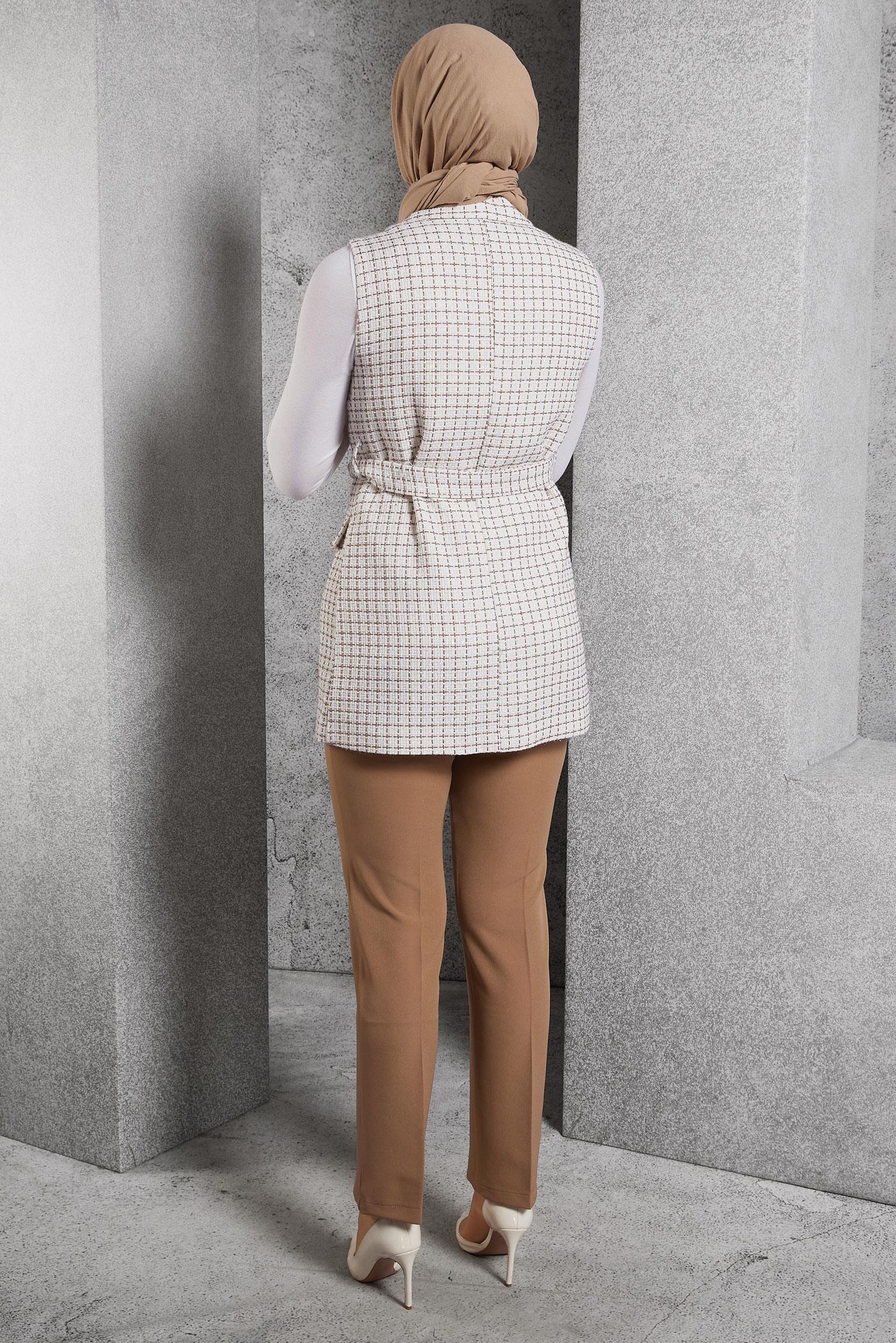 Tesettür giyim BEJ YELEKLİ PANTOLONLU TAKIM 45297