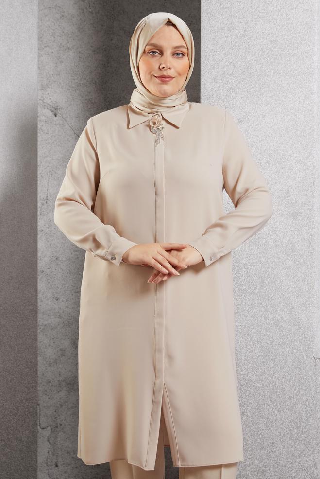 Tesettür giyim BEJ BROŞ DETAYLI TUNİK 20625 - ALVİNA