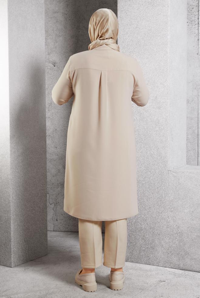 Tesettür giyim BEJ BROŞ DETAYLI TUNİK 20625 - ALVİNA