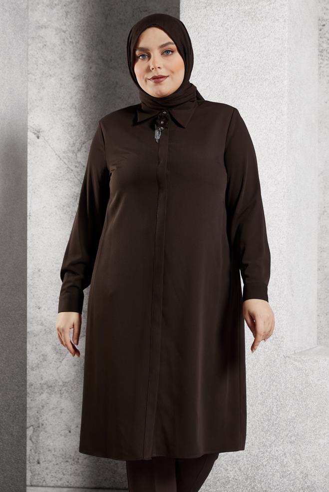 Tesettür giyim KAHVE BROŞ DETAYLI TUNİK 20625 - ALVİNA