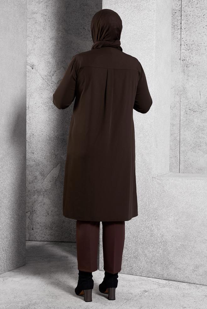 Tesettür giyim KAHVE BROŞ DETAYLI TUNİK 20625 - ALVİNA