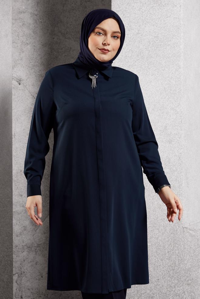 Tesettür giyim LACİVERT BROŞ DETAYLI TUNİK 20625 - ALVİNA