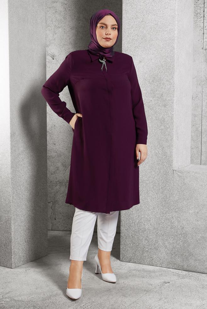 Tesettür giyim BORDO BROŞ DETAYLI TUNİK 20625 - ALVİNA
