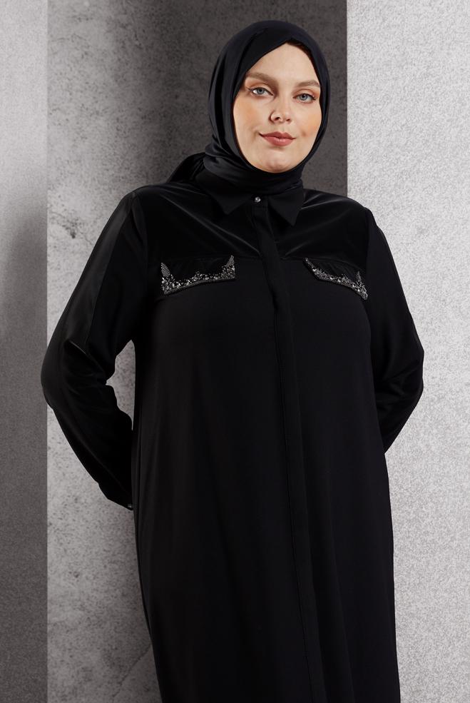 Vêtements hijab NOIR TUNIQUE LONGUE AVEC BIJOU 20634 - ALVİNA