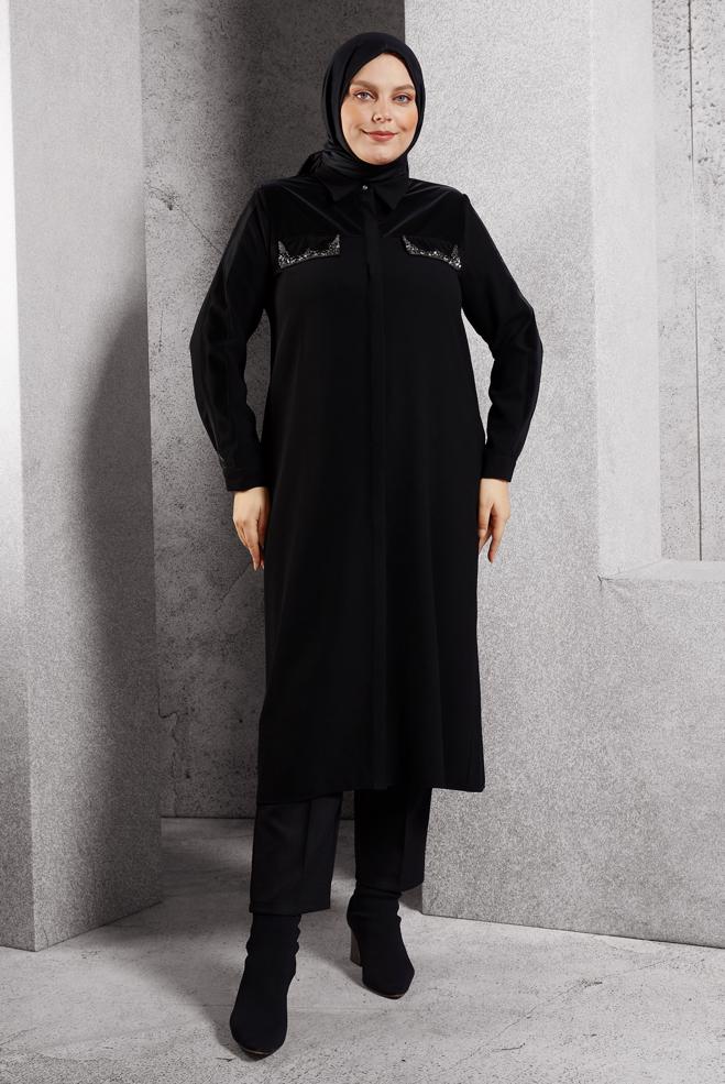 Vêtements hijab NOIR TUNIQUE LONGUE AVEC BIJOU 20634 - ALVİNA