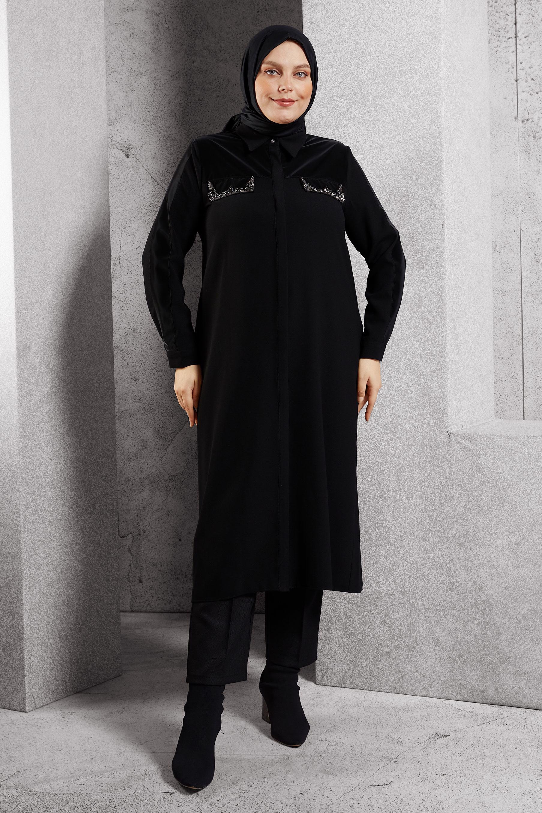 Tesettür giyim SİYAH TAŞ BASKILI UZUN TUNİK 20634