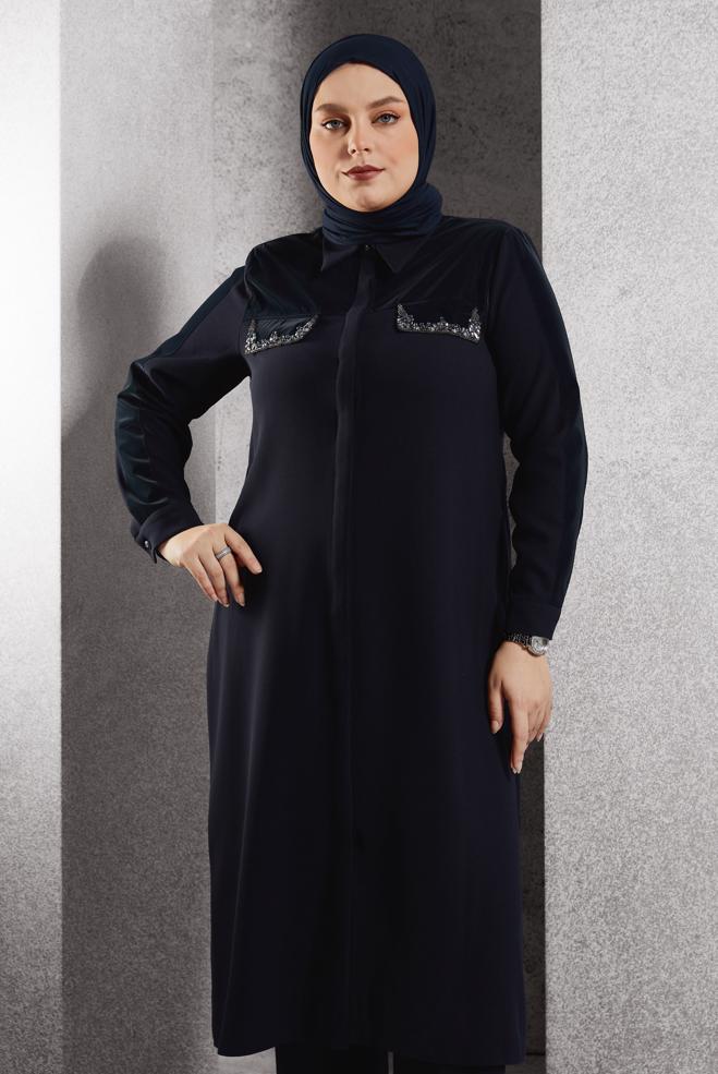 Vêtements hijab BLEU MARINE TUNIQUE LONGUE AVEC BIJOU 20634 - ALVİNA