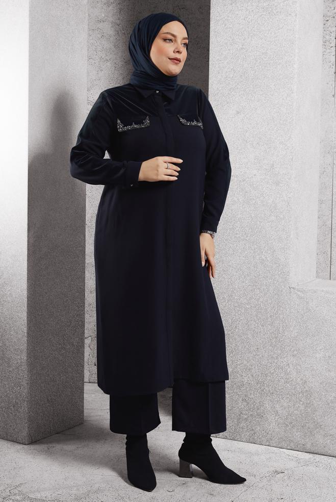 Vêtements hijab BLEU MARINE TUNIQUE LONGUE AVEC BIJOU 20634 - ALVİNA