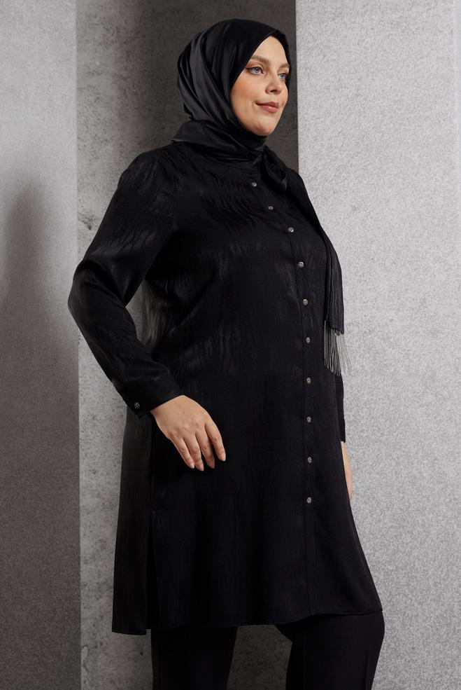 Vêtements hijab NOIR TUNIQUE JACQUARD À COL NOUÉ 20635 - ALVİNA
