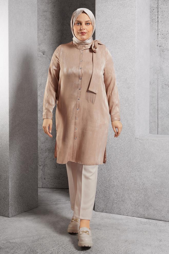 Vêtements hijab BEIGE TUNIQUE JACQUARD À COL NOUÉ 20635 - ALVİNA