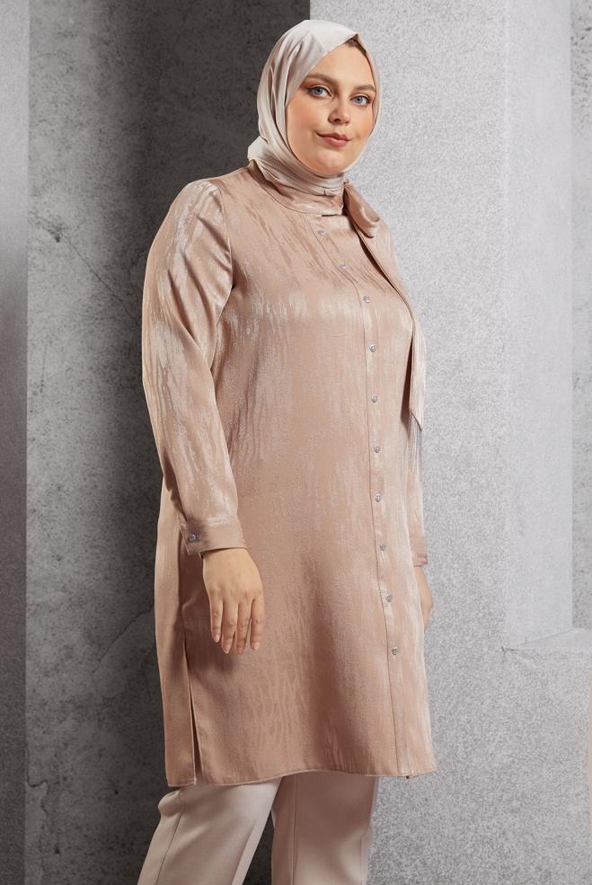 Vêtements hijab BEIGE TUNIQUE JACQUARD À COL NOUÉ 20635 - ALVİNA