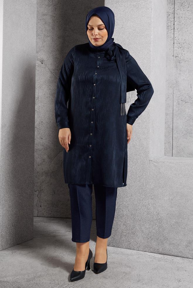 Vêtements hijab BLEU MARINE TUNIQUE JACQUARD À COL NOUÉ 20635 - ALVİNA