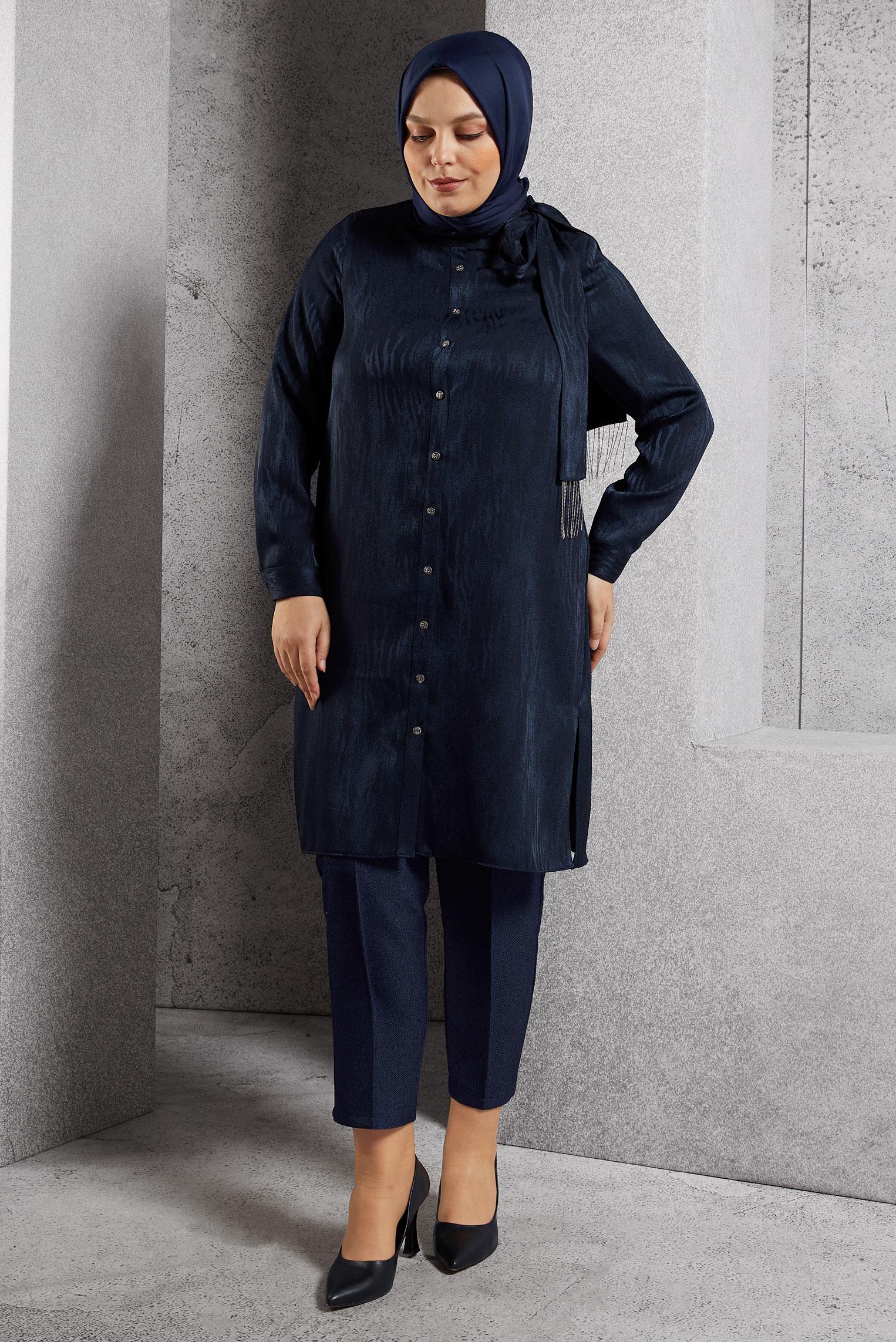 Vêtements hijab BLEU MARINE TUNIQUE JACQUARD À COL NOUÉ 20635