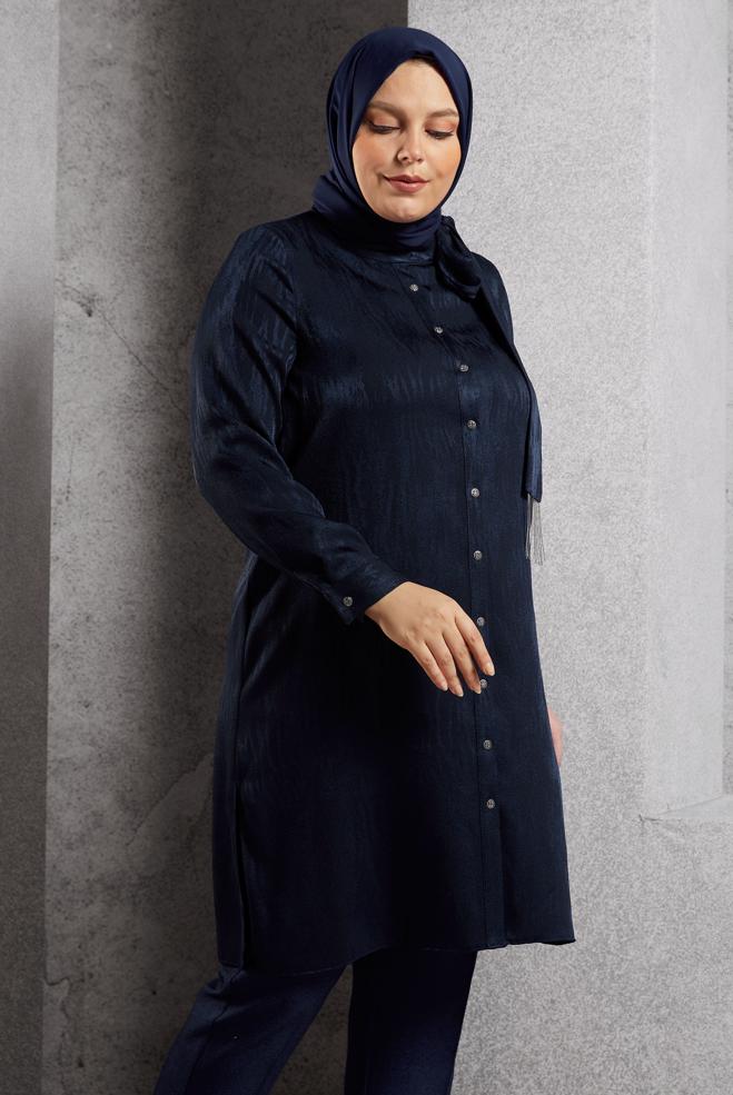 Vêtements hijab BLEU MARINE TUNIQUE JACQUARD À COL NOUÉ 20635 - ALVİNA