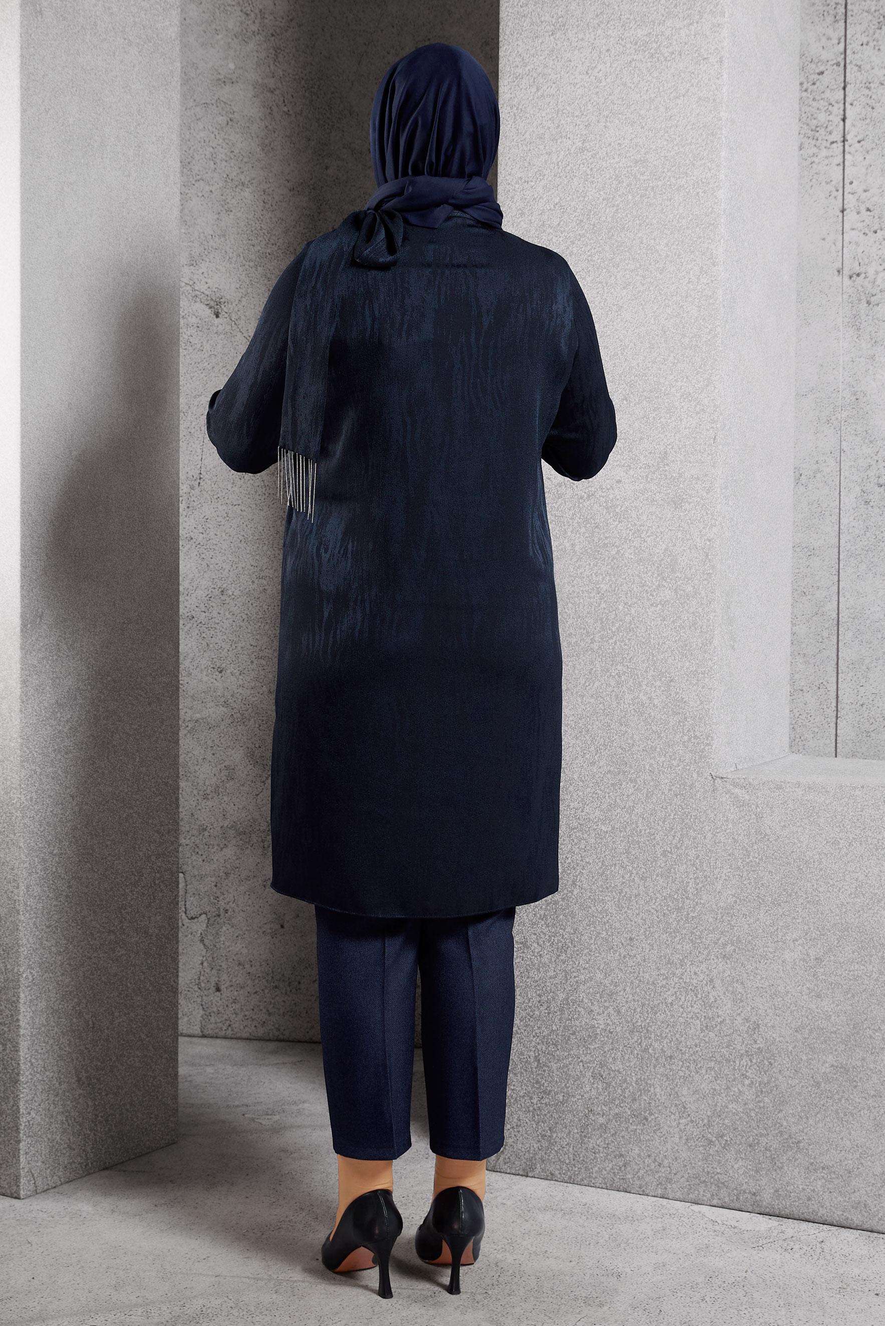 Vêtements hijab BLEU MARINE TUNIQUE JACQUARD À COL NOUÉ 20635