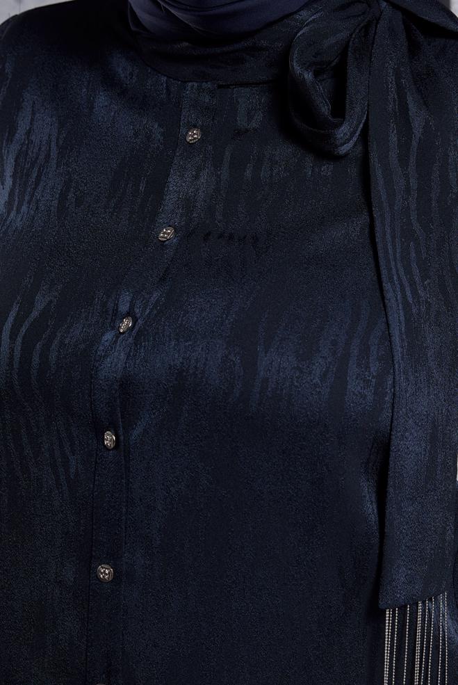 Vêtements hijab BLEU MARINE TUNIQUE JACQUARD À COL NOUÉ 20635 - ALVİNA