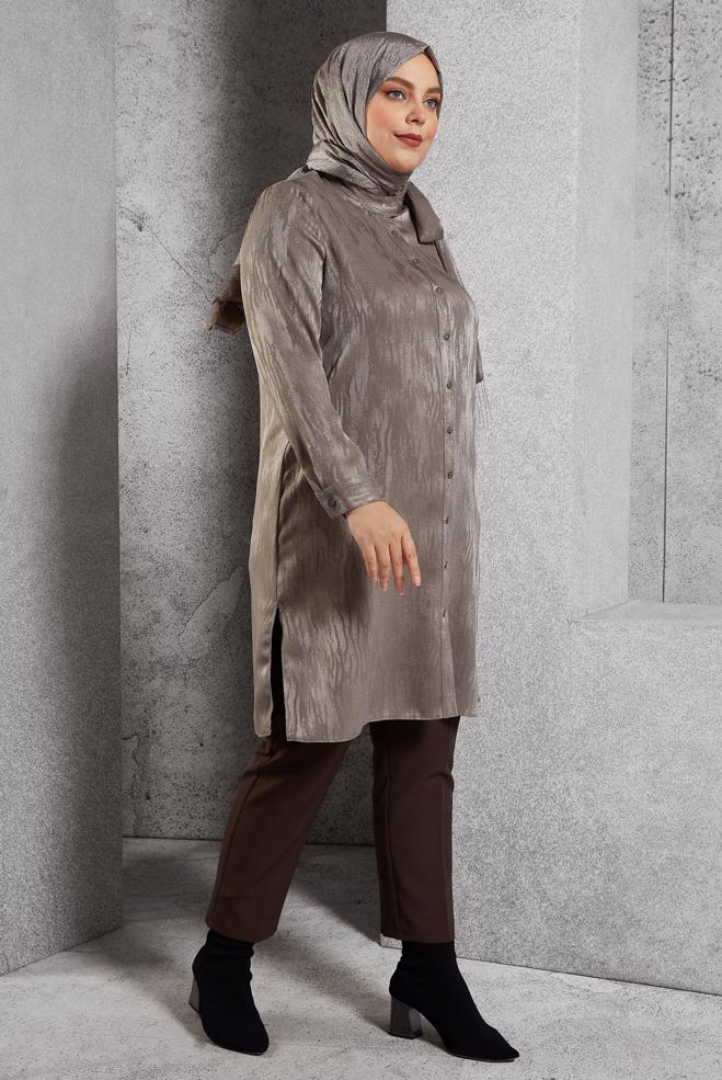 Vêtements hijab VISON TUNIQUE JACQUARD À COL NOUÉ 20635 - ALVİNA