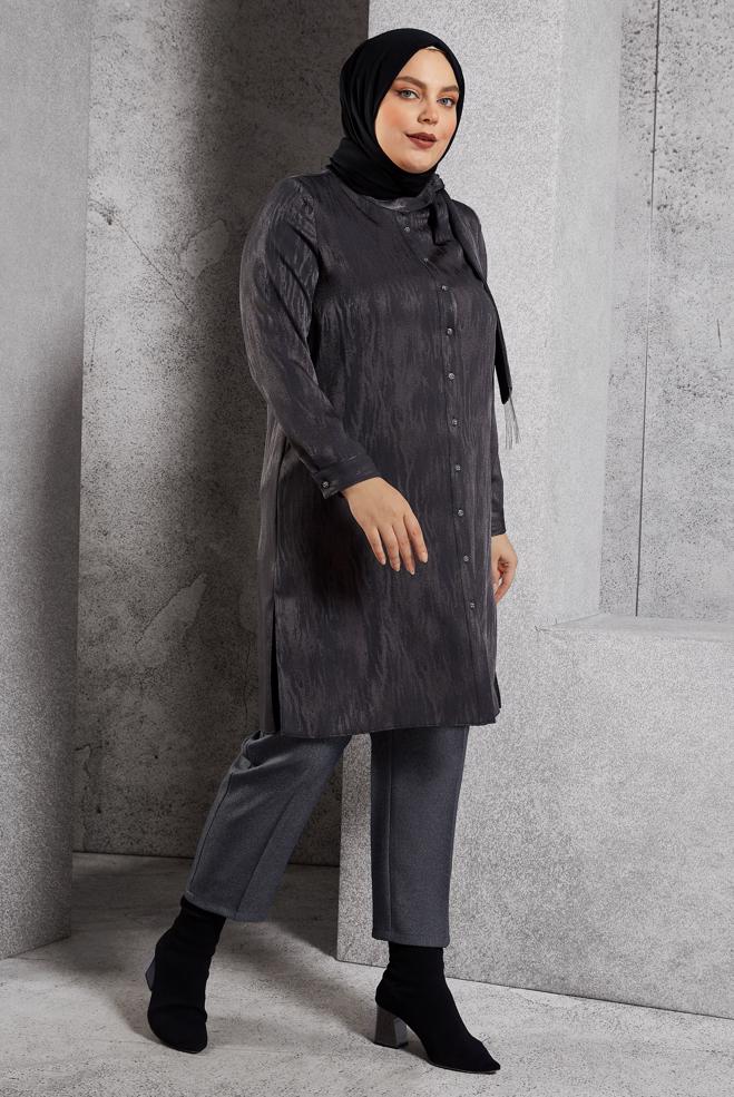 Vêtements hijab GRIS TUNIQUE JACQUARD À COL NOUÉ 20635 - ALVİNA