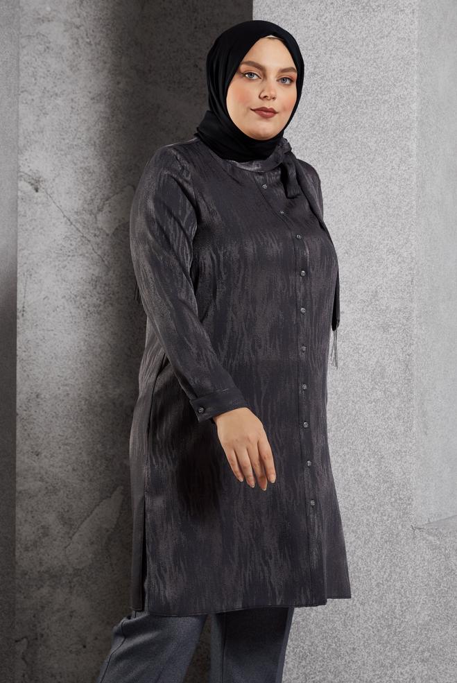 Vêtements hijab GRIS TUNIQUE JACQUARD À COL NOUÉ 20635 - ALVİNA