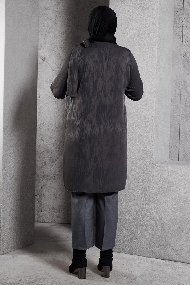 Vêtements hijab GRIS TUNIQUE JACQUARD À COL NOUÉ 20635 - ALVİNA