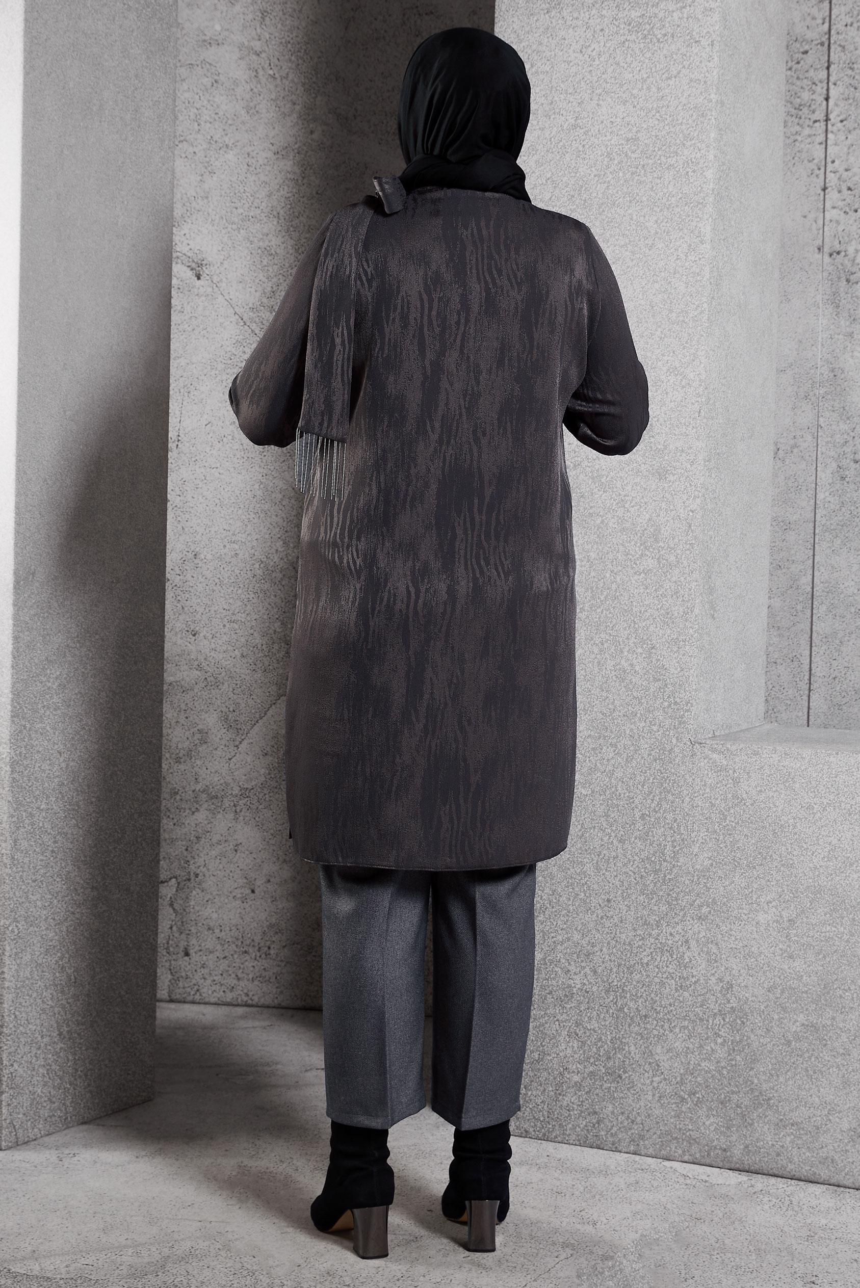 Tesettür giyim GRİ BAĞLAMA DETAYLI JAKAR TUNİK 20635