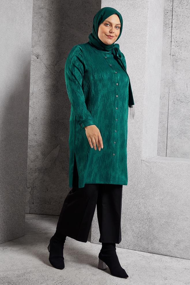 Vêtements hijab VERT TUNIQUE JACQUARD À COL NOUÉ 20635 - ALVİNA