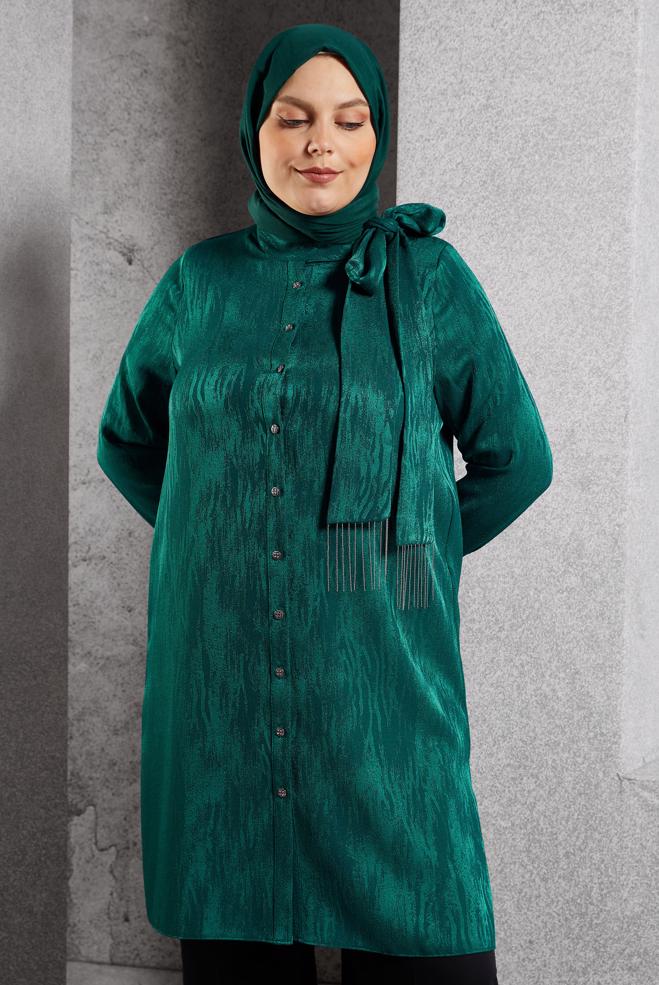 Vêtements hijab VERT TUNIQUE JACQUARD À COL NOUÉ 20635 - ALVİNA