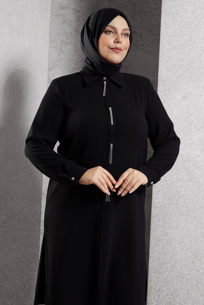 Vêtements hijab NOIR TUNIQUE BRODÉE DE PIERRES PRÉCIEUSES 20636 - ALVİNA