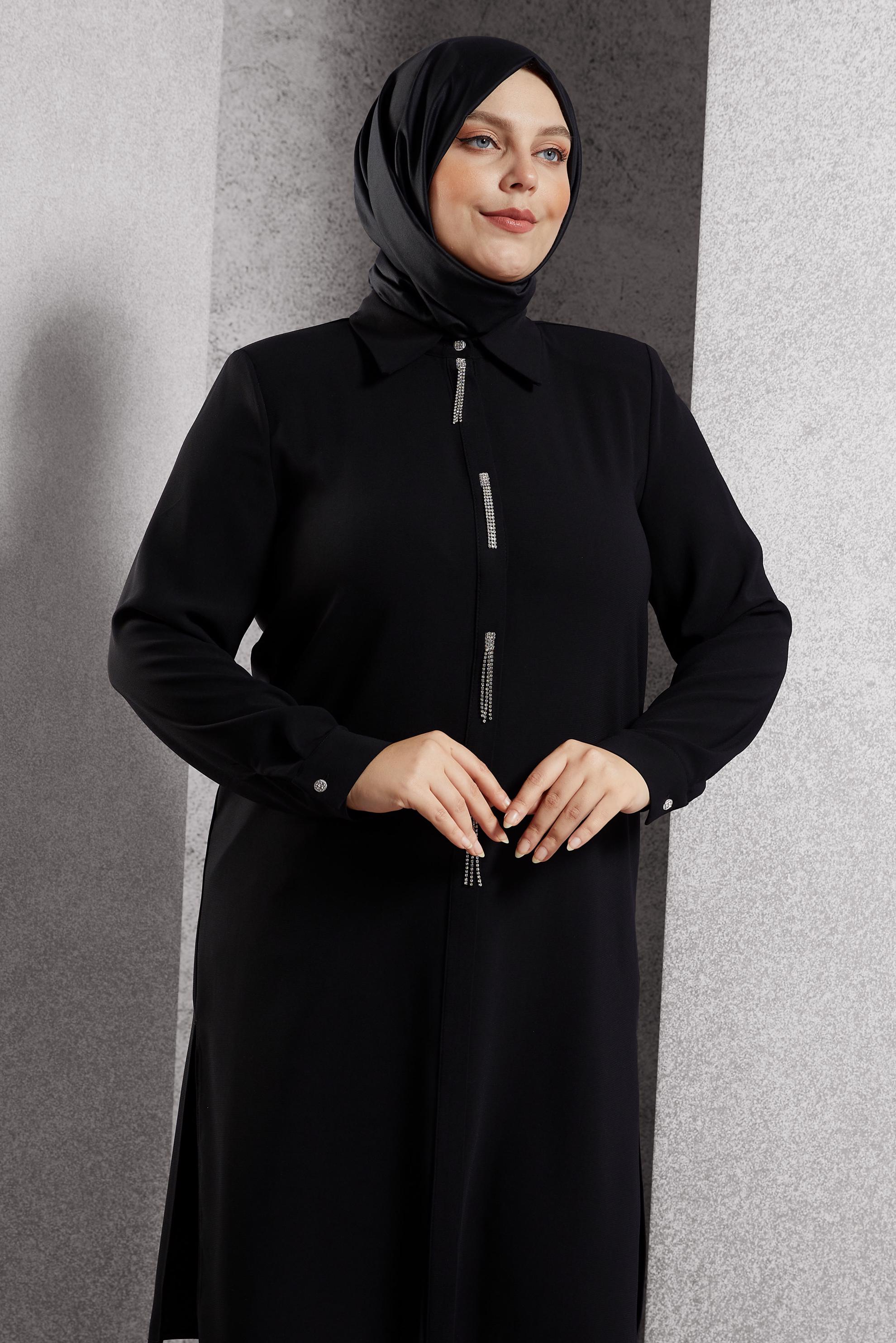 Vêtements hijab NOIR TUNIQUE BRODÉE DE PIERRES PRÉCIEUSES 20636
