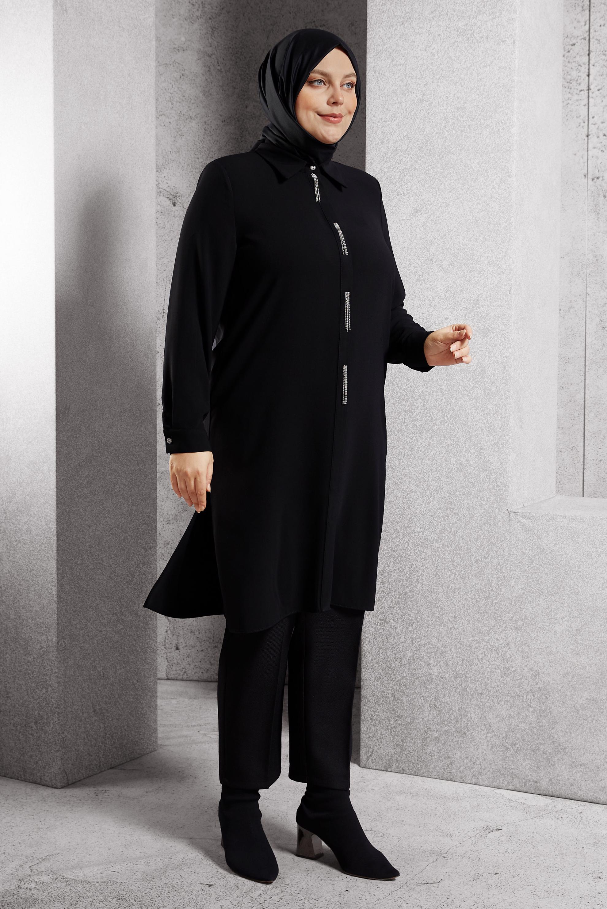 Vêtements hijab NOIR TUNIQUE BRODÉE DE PIERRES PRÉCIEUSES 20636