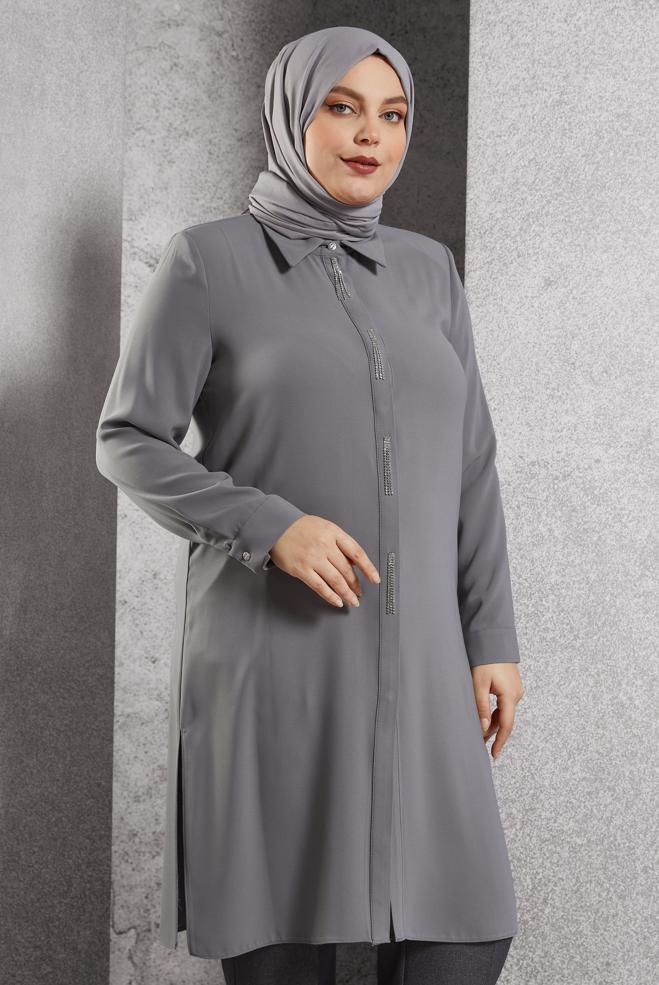Vêtements hijab GRIS TUNIQUE BRODÉE DE PIERRES PRÉCIEUSES 20636 - ALVİNA