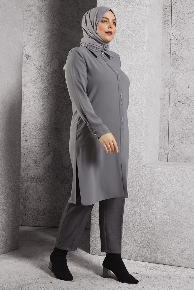 Vêtements hijab GRIS TUNIQUE BRODÉE DE PIERRES PRÉCIEUSES 20636 - ALVİNA