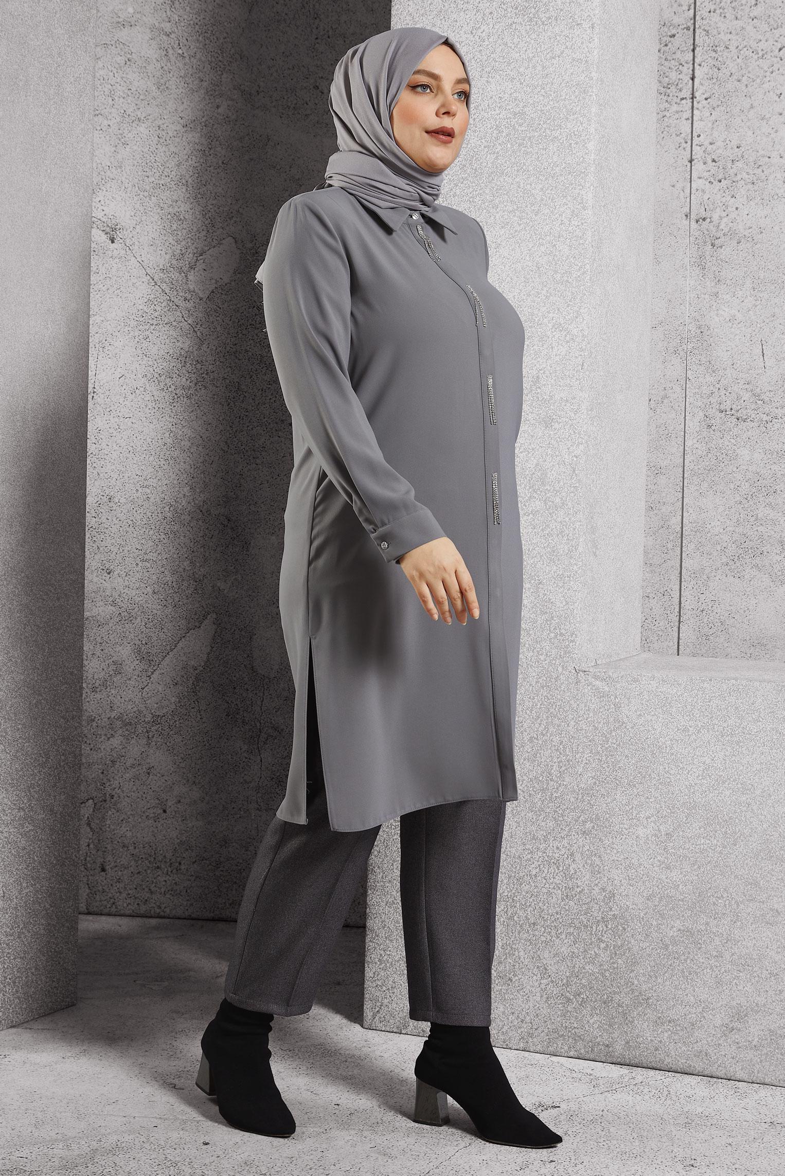 Vêtements hijab GRIS TUNIQUE BRODÉE DE PIERRES PRÉCIEUSES 20636