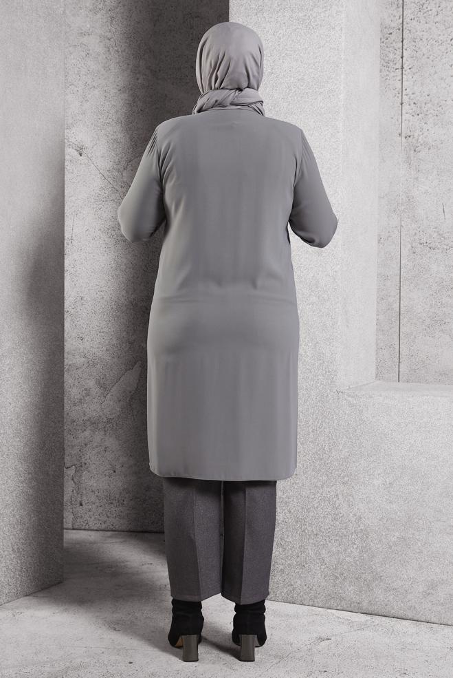 Vêtements hijab GRIS TUNIQUE BRODÉE DE PIERRES PRÉCIEUSES 20636 - ALVİNA