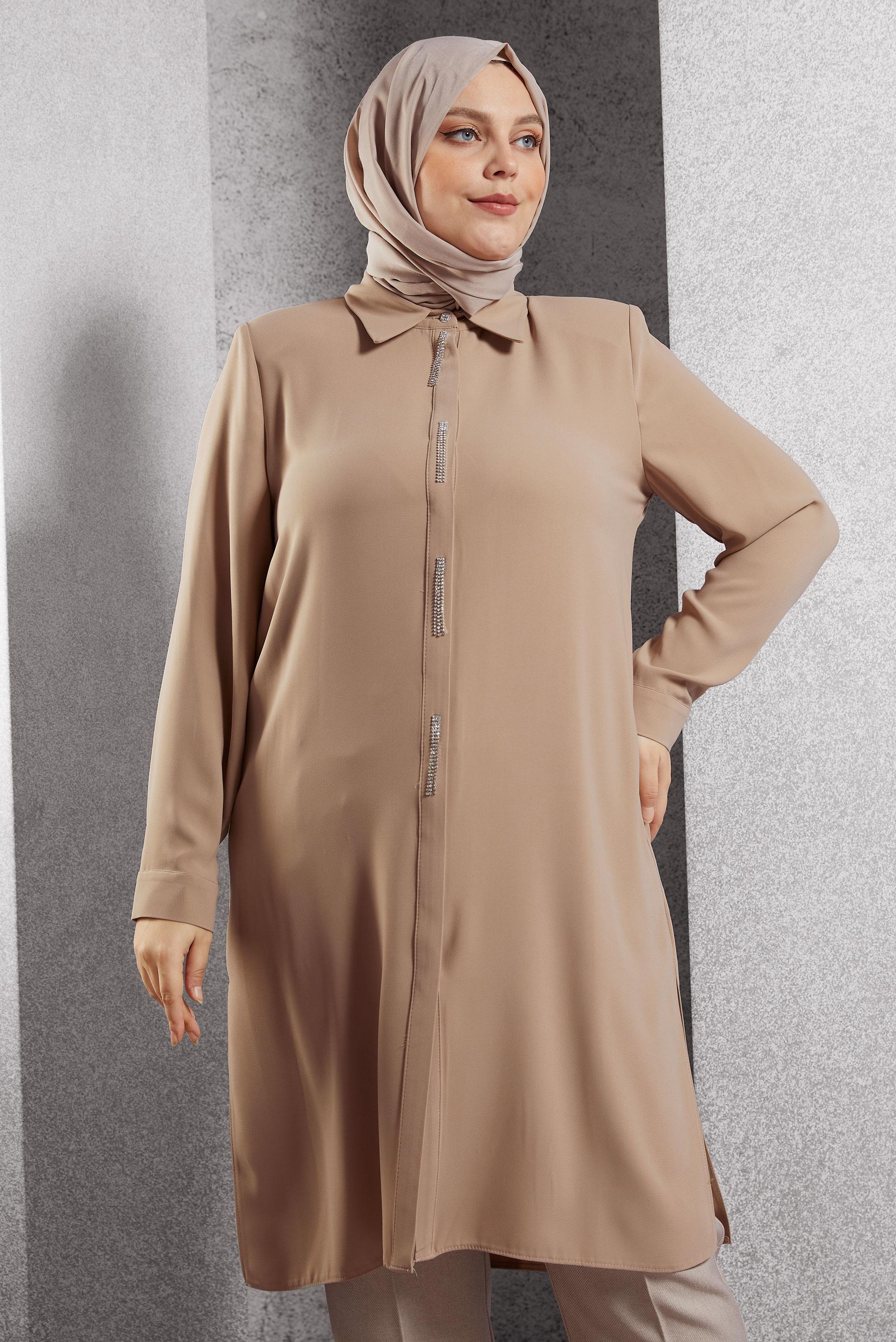 Vêtements hijab BRUN TUNIQUE BRODÉE DE PIERRES PRÉCIEUSES 20636