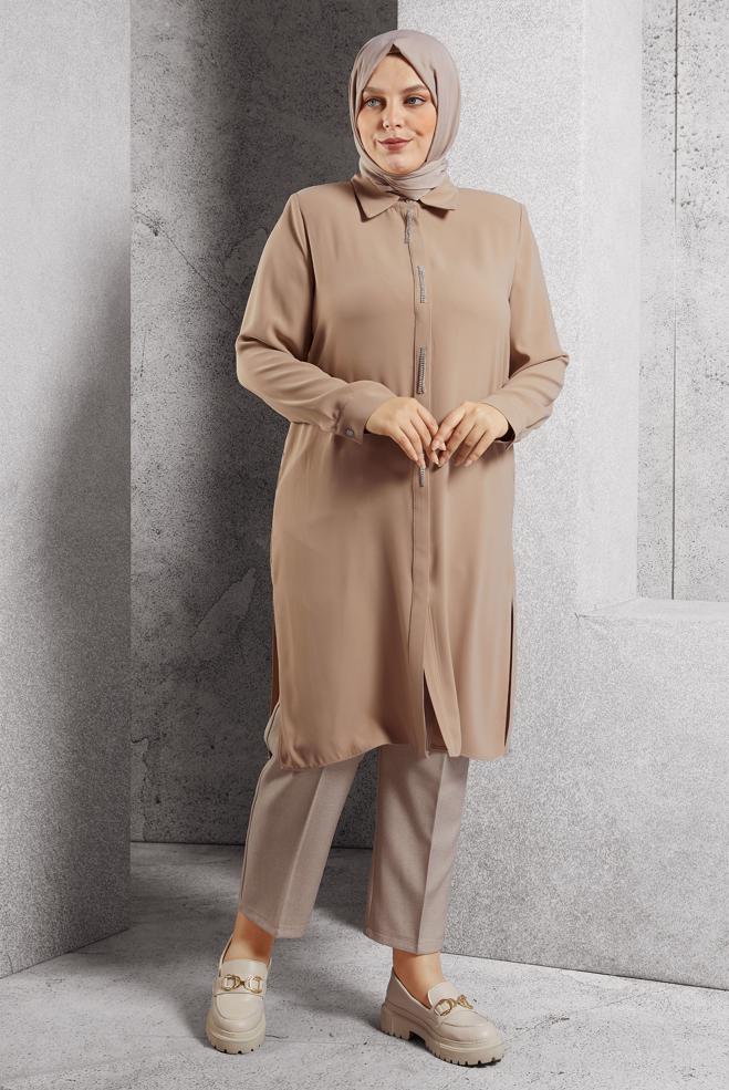 Vêtements hijab BRUN TUNIQUE BRODÉE DE PIERRES PRÉCIEUSES 20636 - ALVİNA